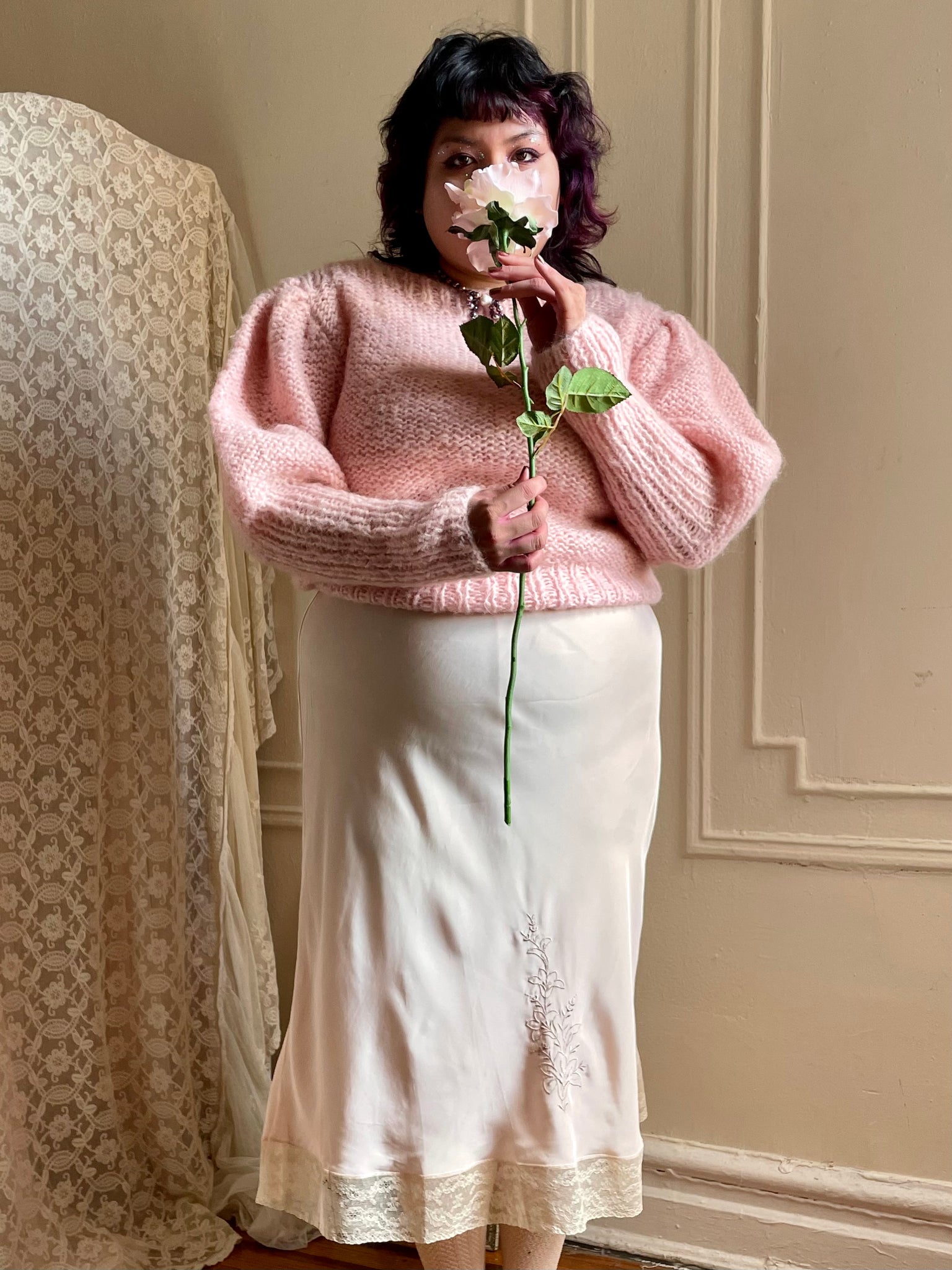 1980s Light Pink Italian Kit Sweater Mutton Puff Sleeves