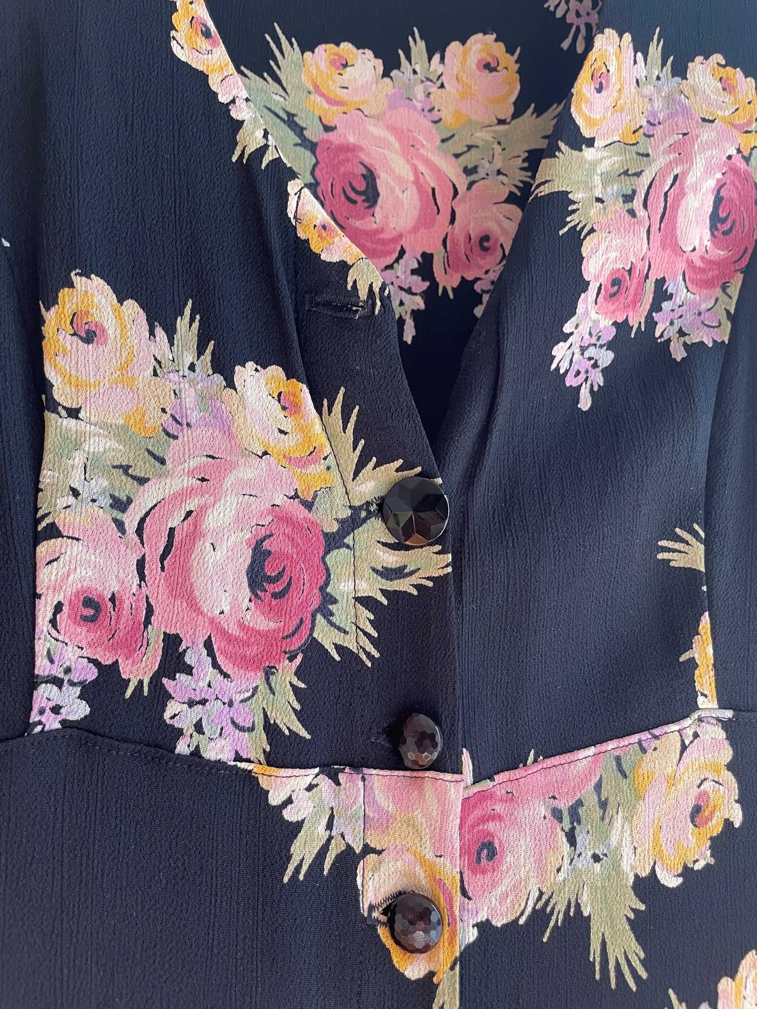 1990s Betsey Johnson Black Floral Button Up Rayon Dress