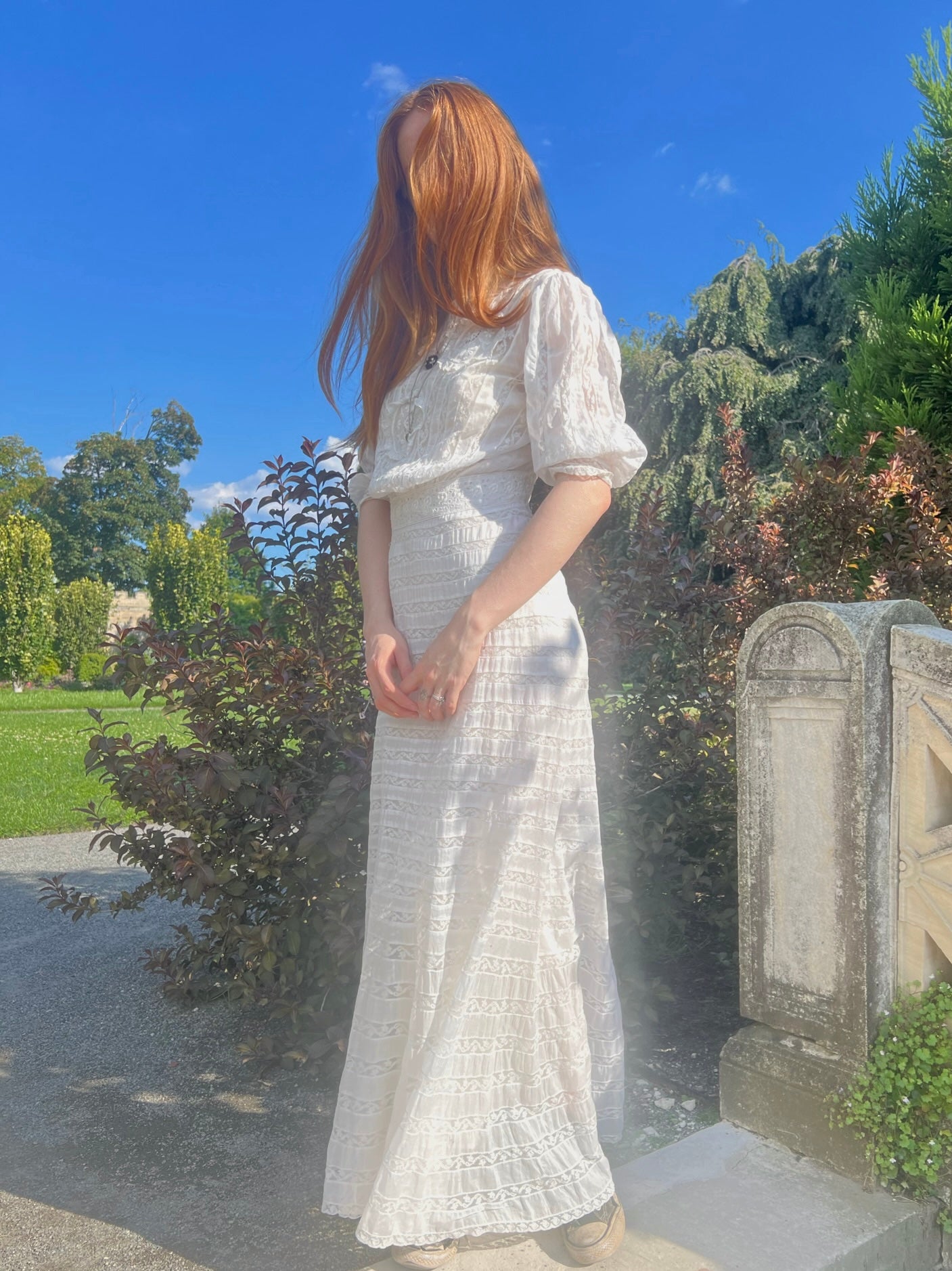 Edwardian 1900s White Cotton Lawn Dress Insert Lace Floral Long Sleeve Wedding Bridal Dress