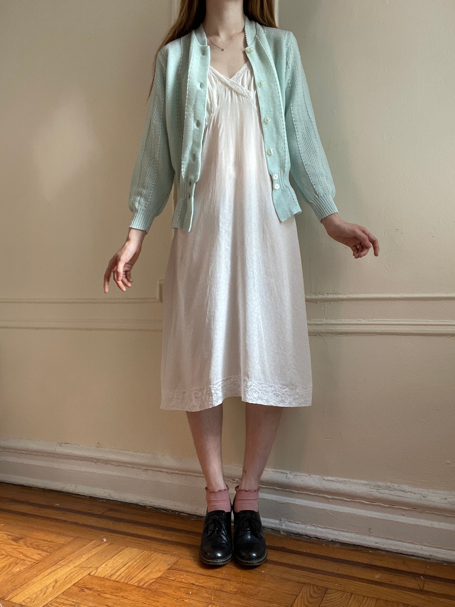 1980s Light Blue Knit Cardigan Balloon Sleeves Button Up