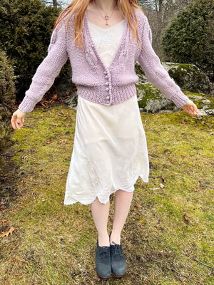 1980s Lavender Cardigan Knit Sweater Balloon Sleeves Button Up