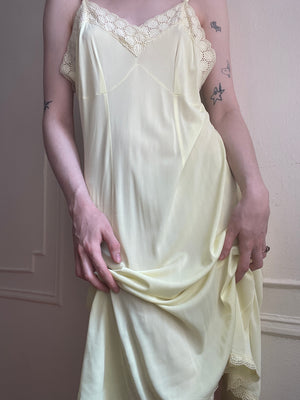 1940s Yellow Rayon Jersey Slip Dress Embroidered Trim