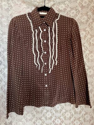 1990s Valentino Silk Brown White Dotted Blouse Bell Sleeves Ruffle Lace Jabot Button up