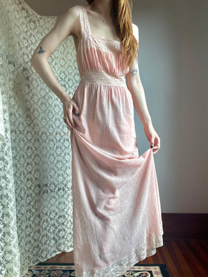 1930s Pale Pink Fishnet Net Bias Cut Midi Slip Dress Lace Appliqué