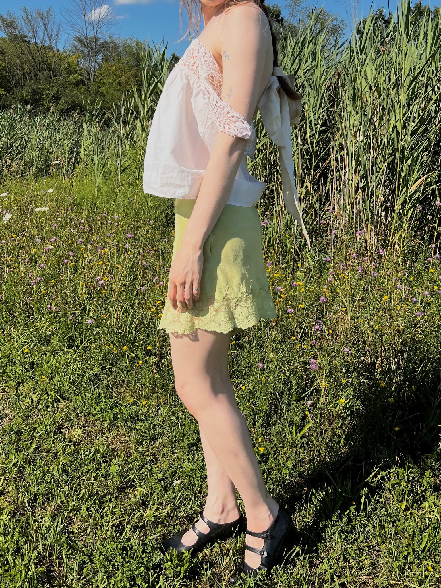 1930s Silk Green Hand Dyed Tap Shorts Lace Embroidered