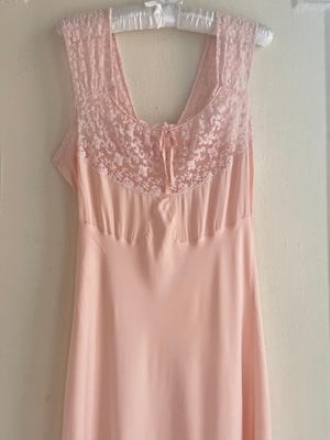 1940s Pink Tambour Lace Slip Dress Bias Cut Rayon Satin