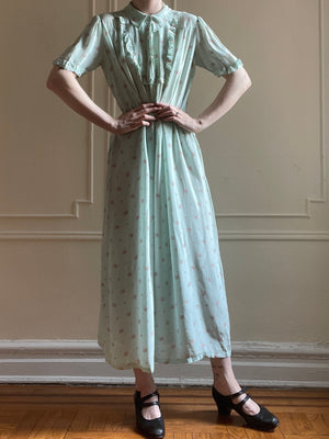 1940s Blue Floral Rayon Dress Button Up Collar