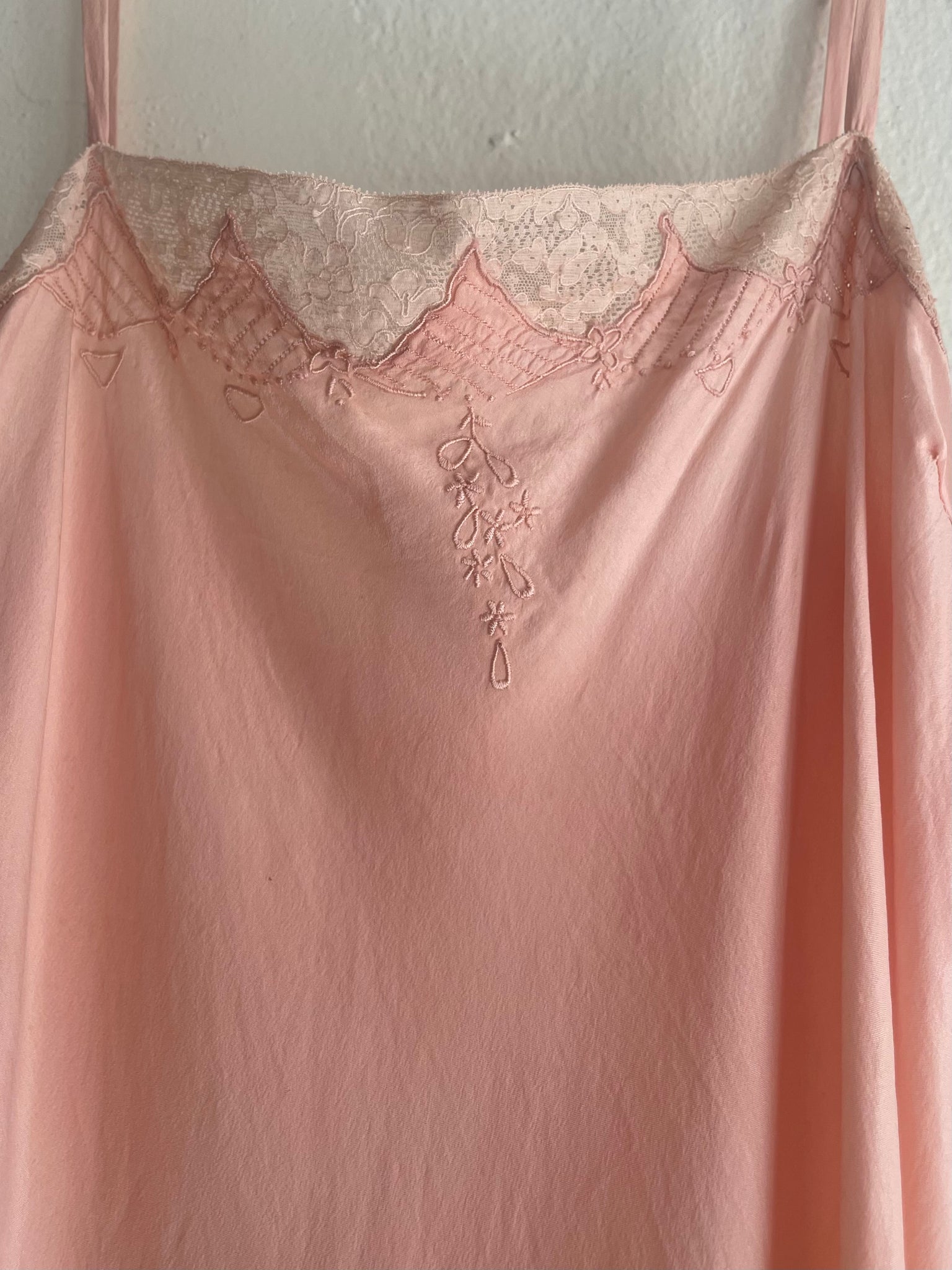 1930s Pink Silk Step In Mini Slip Dress Bias Cut Embroidered Lace