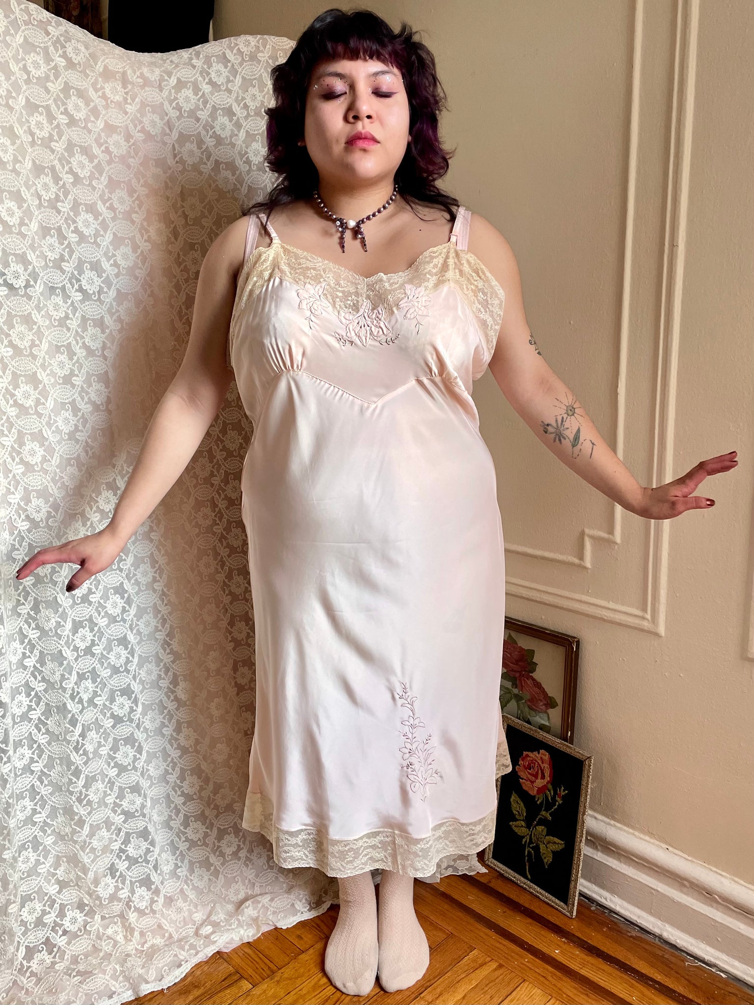 1950s Pale Blush Pink Rayon Slip Dress Lace Floral Embroidery Breath Of the Earth 1950s Pale Blush Pink Rayon Slip Dress Lace Floral Embroidery Breath Of the Earth