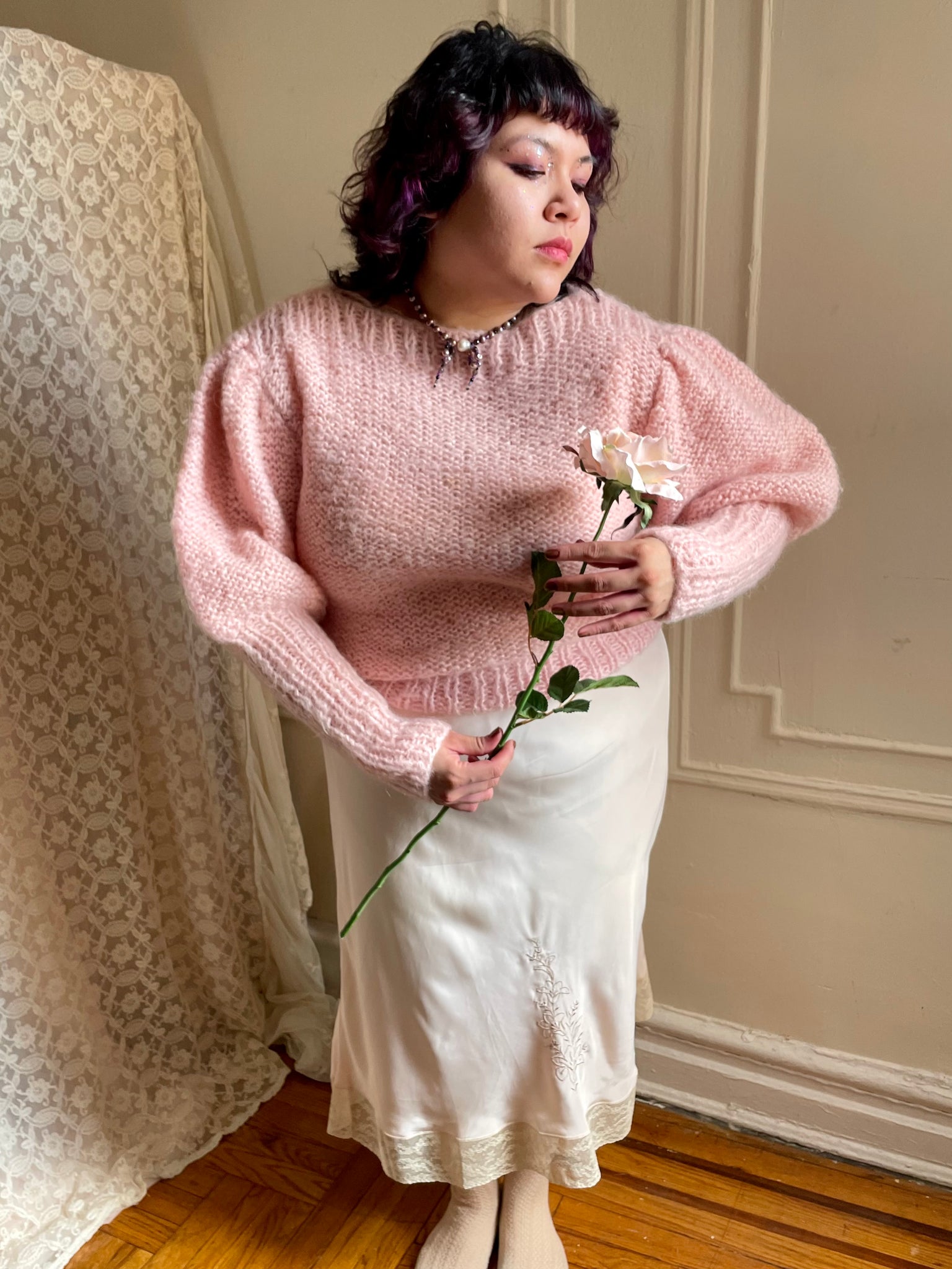 1980s Light Pink Italian Knit Sweater Mutton Puff Sleeves