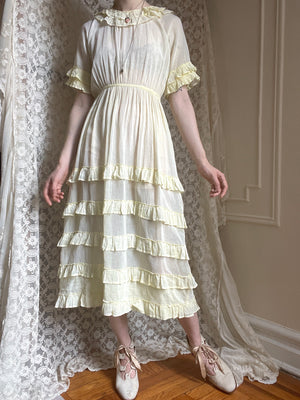 1930s Pale Yellow Cotton Sheer Ruffle Dress