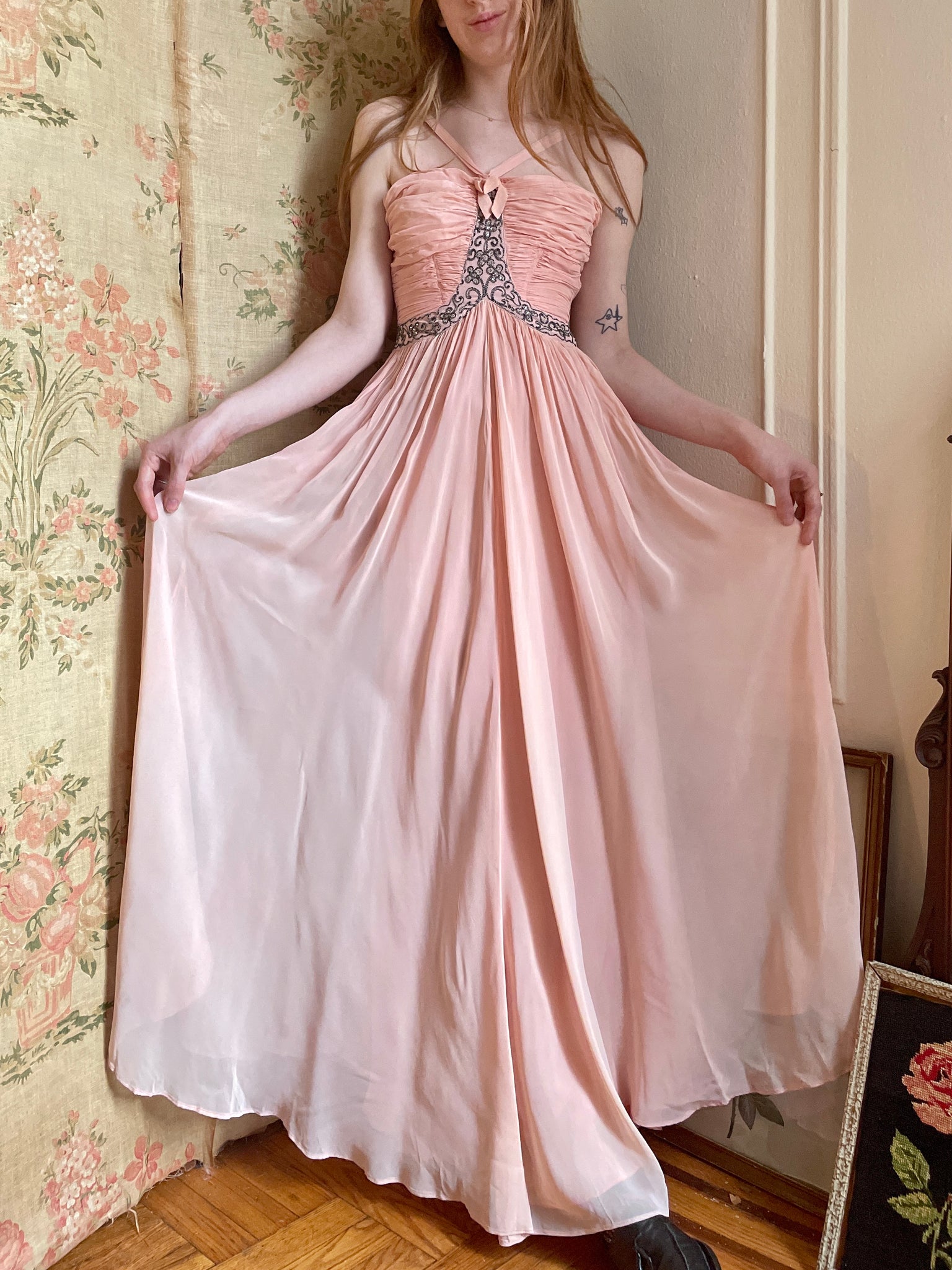 Vintage 1940's Light Pink Liquid Satin Gown, Dress With Gathered Bodice,  Size Large -  Hong Kong
