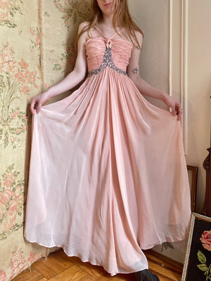 1940s Pale Blush Pink Rayon Chiffon Dress Gown Soutache Crystals
