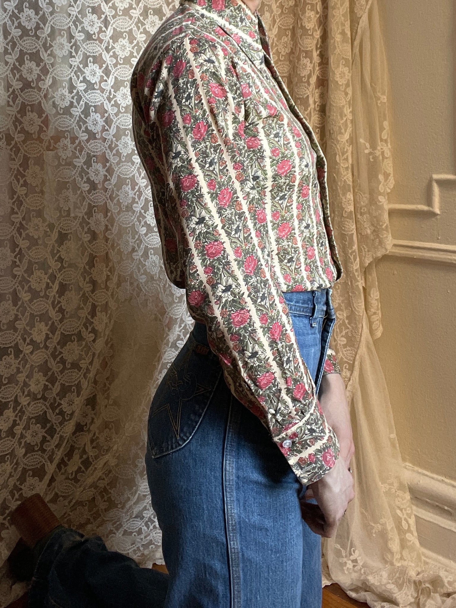 1980s Floral Striped Button Up Shirt