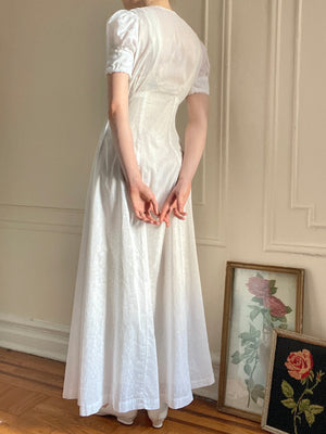 1930s Puff Sleeve Floral White Cotton Wedding Bridal Dress Mother of Pearl Bias Cut