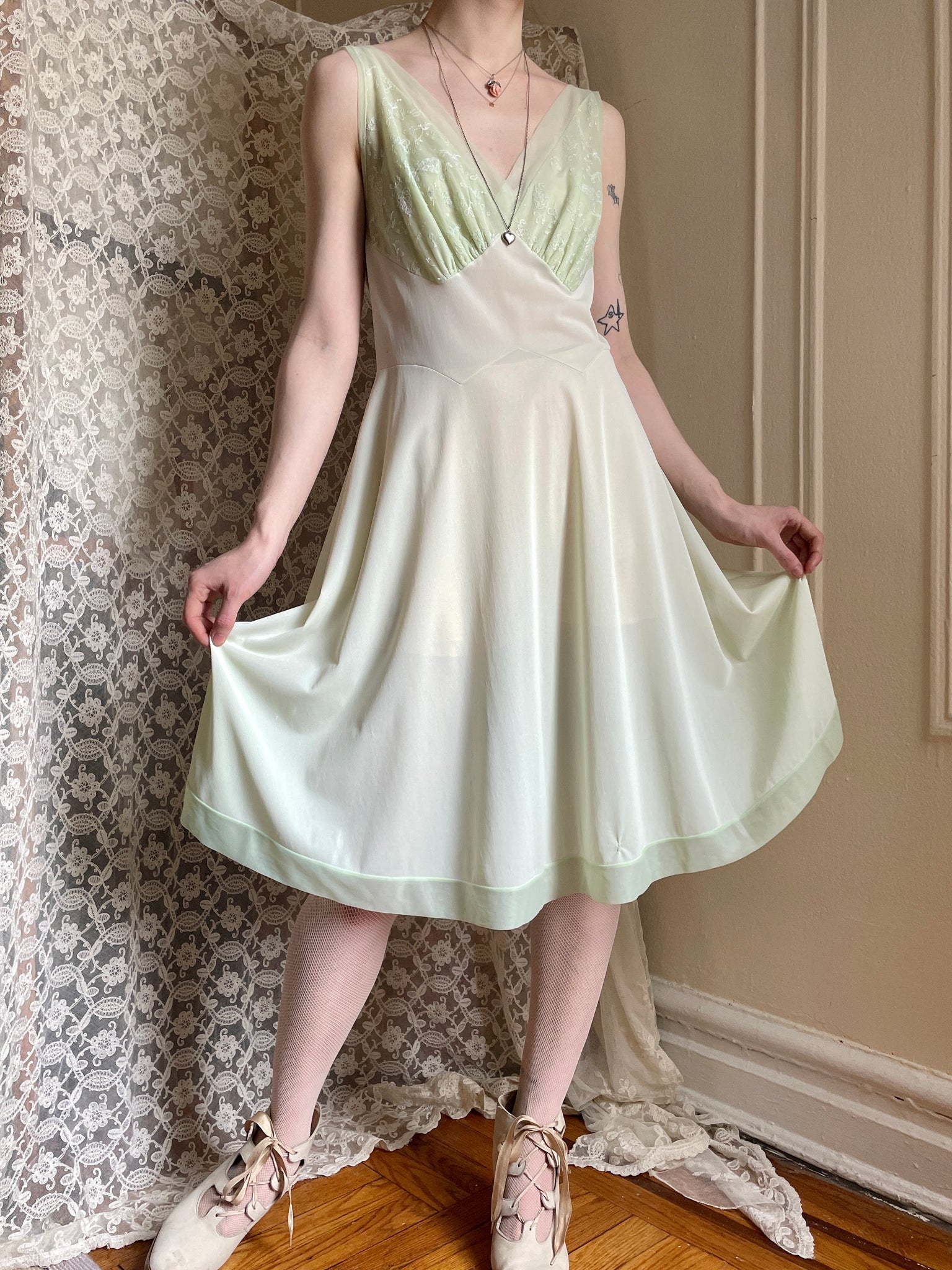 1960s Mint Green Nylon Embroidered Slip Dress Breath Of the Earth 1960s Mint Green Nylon Embroidered Slip Dress Breath Of the Earth