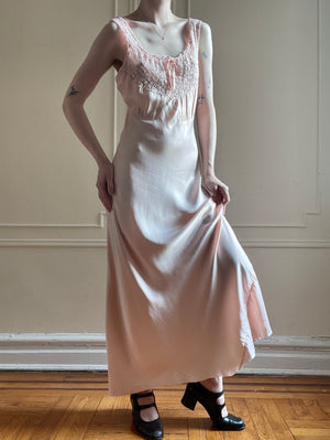 1940s Pink Tambour Lace Slip Dress Bias Cut Rayon Satin