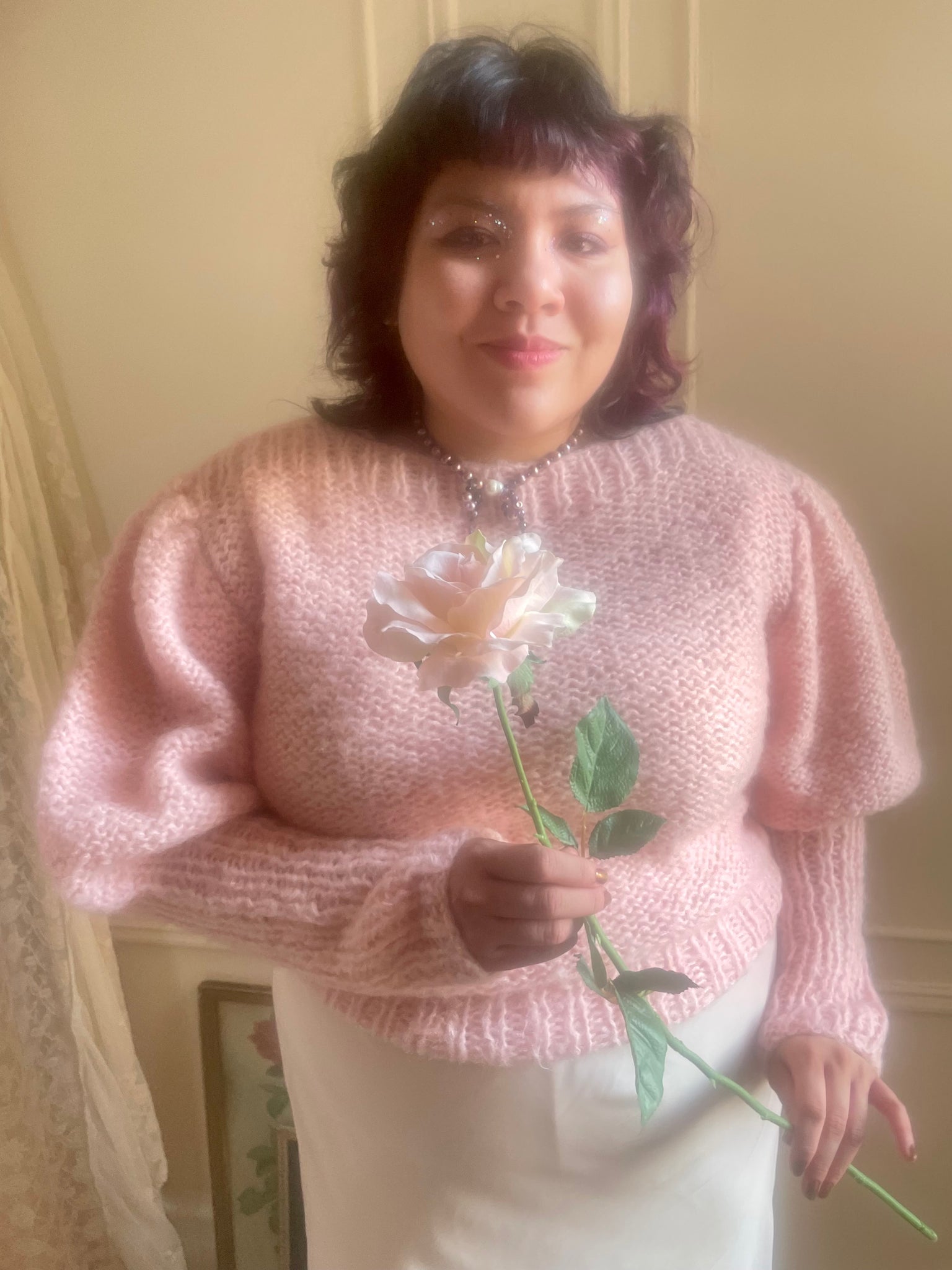 1980s Light Pink Italian Knit Sweater Mutton Puff Sleeves