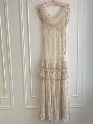 1930s Cream Tambour Lace Embroidered Net Gown Tiered Dress