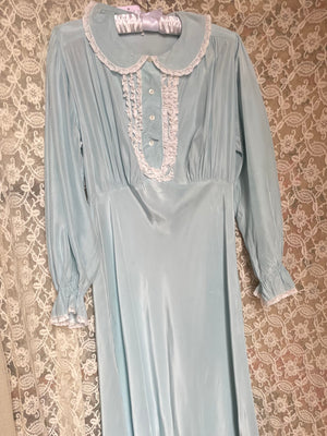 1940s Baby Blue Rayon Balloon Long Sleeve Collared Slip Dress