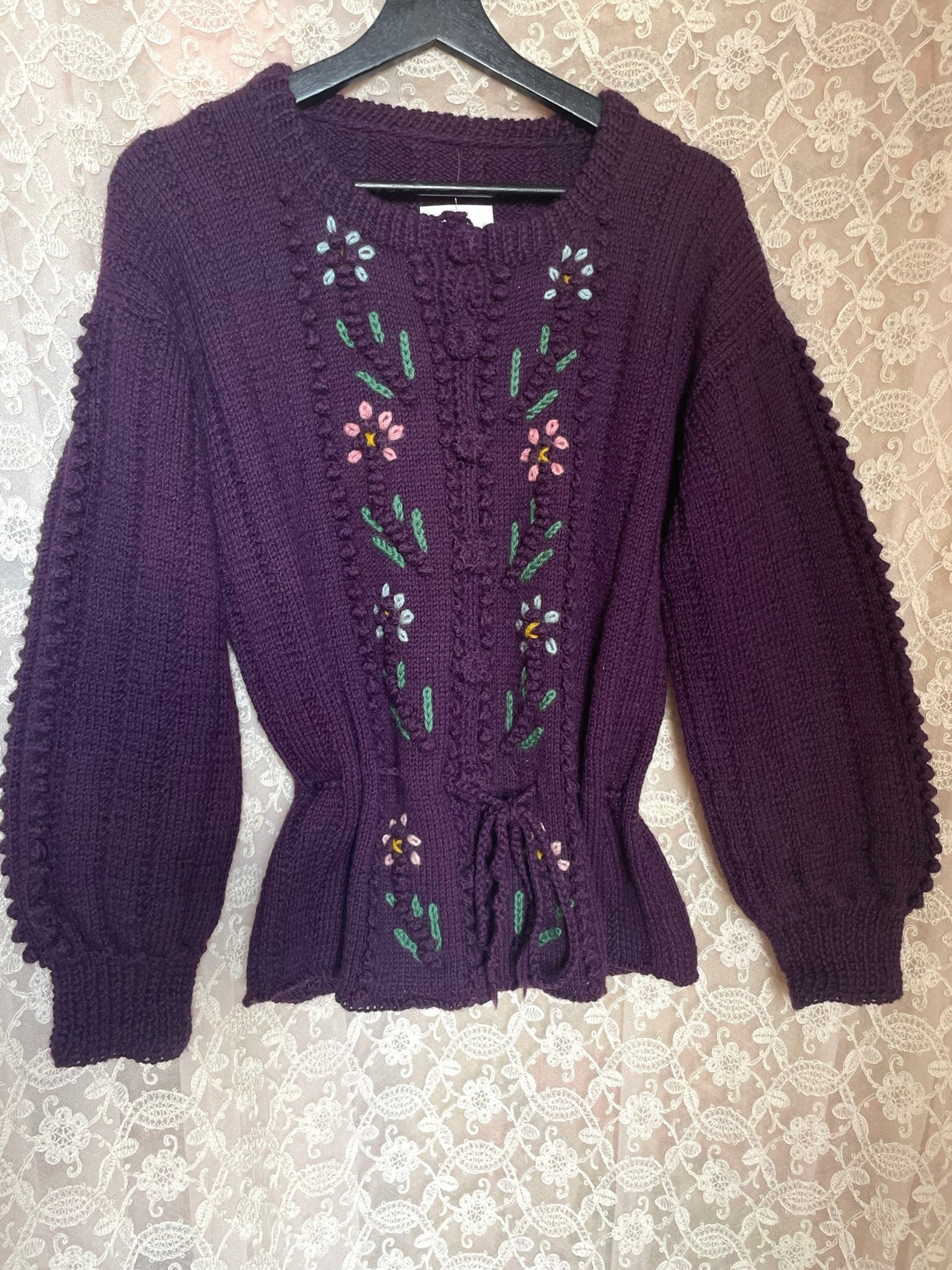 1980s Purple Floral Embroidered does 1940s  Knit Ribbon Button up Cardigan Balloon Sleeves