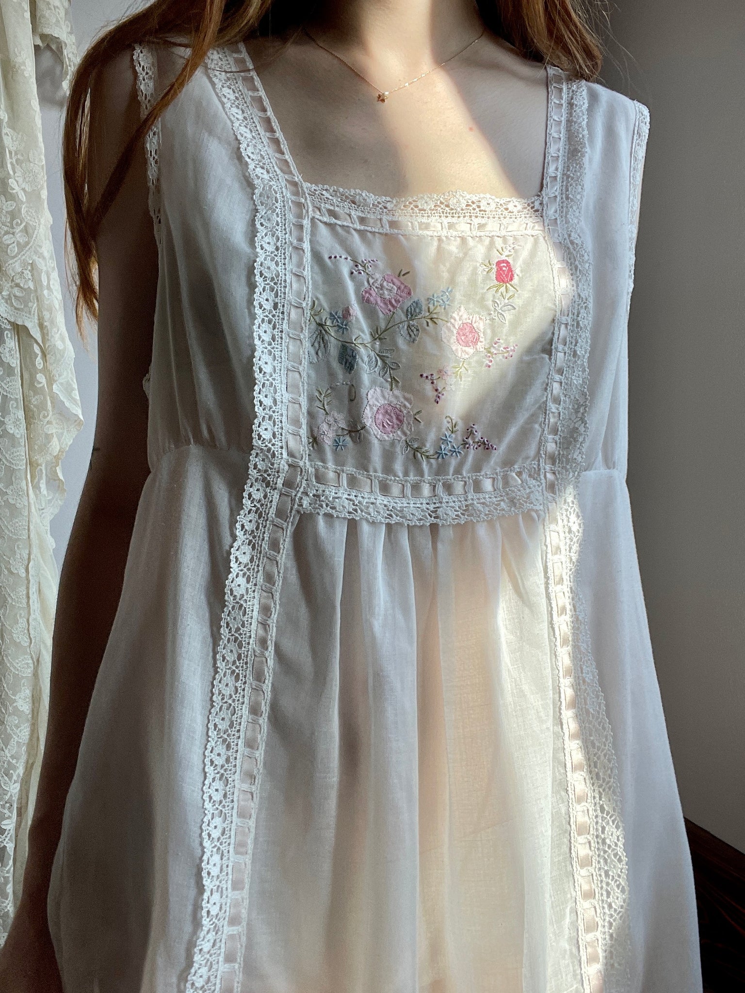 1970s White Floral Embroidered Pink Ribbon Dress Iris For Saks