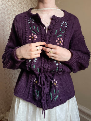 1980s Purple Floral Embroidered does 1940s  Knit Ribbon Button up Cardigan Balloon Sleeves