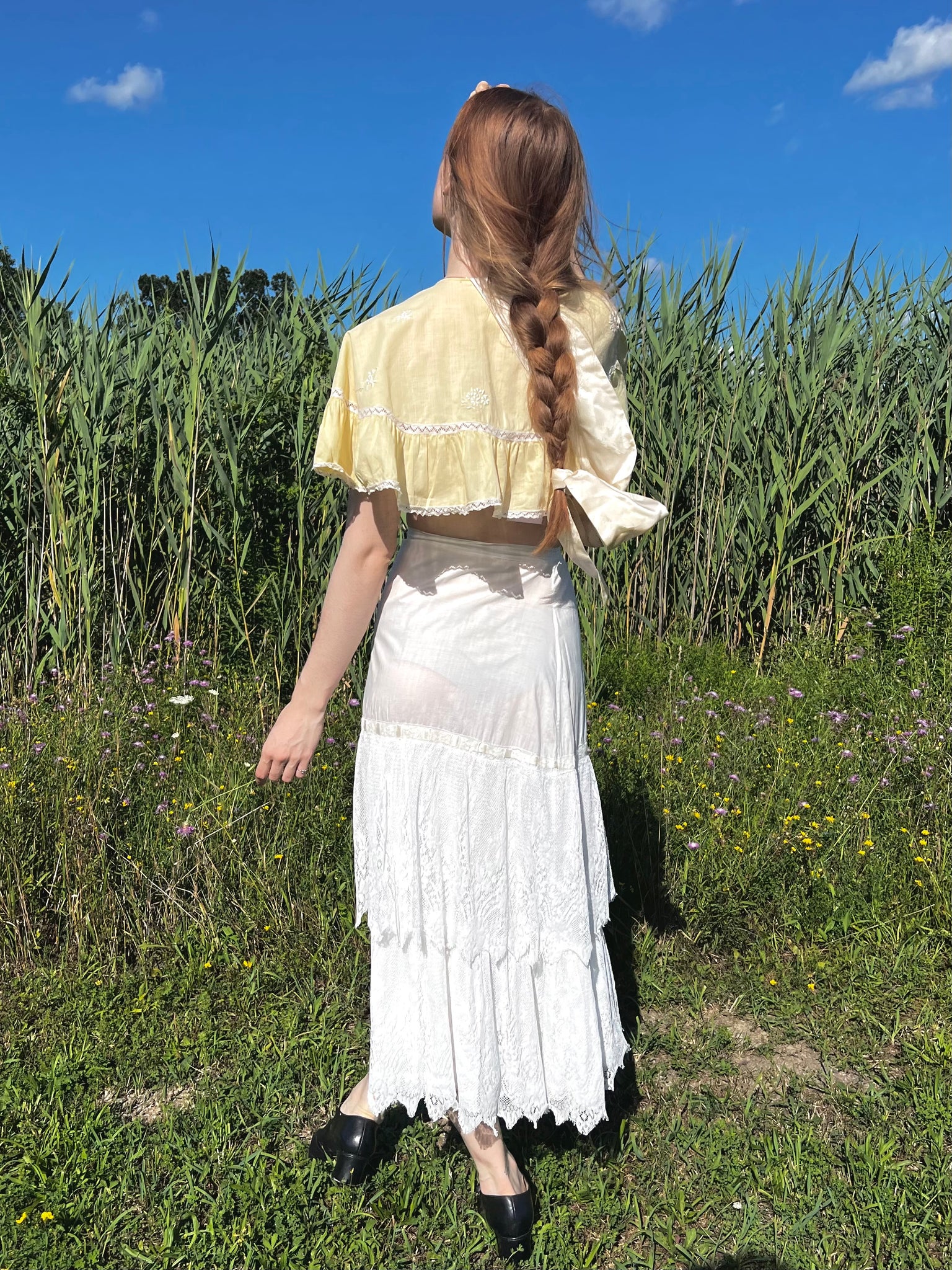 1910s Floral Lace White Cotton Skirt Petticoat Original Ribbon