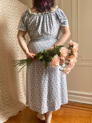 1940s Blue Rose Print Floral Cream Lace Cotton Slip Dress Short Sleeves Ribbon