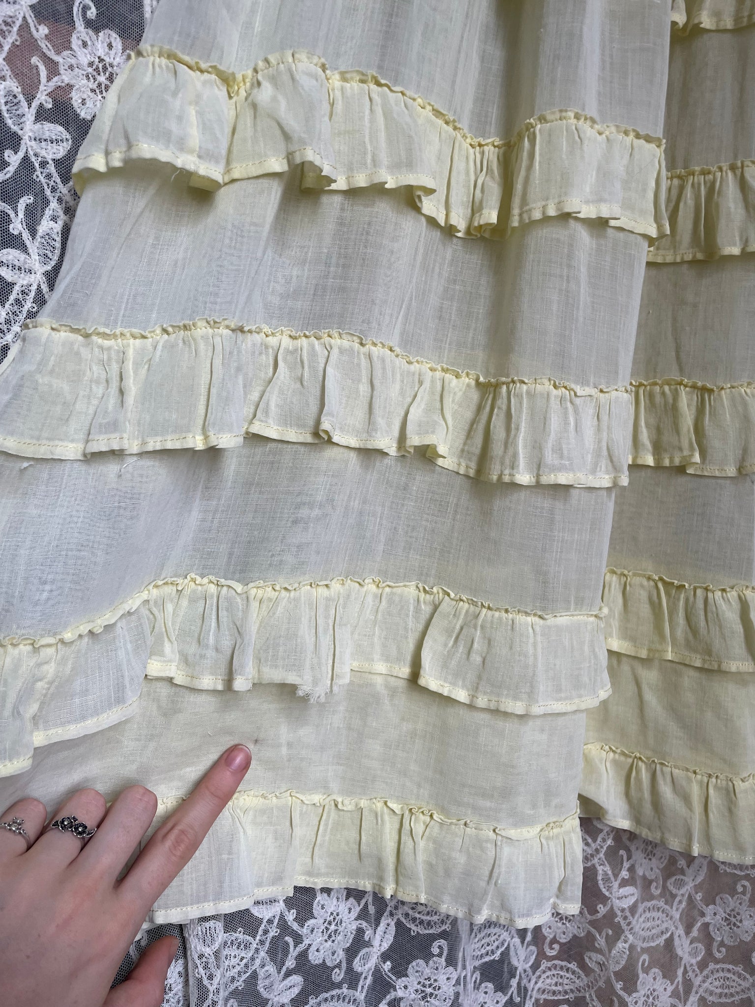 1930s Pale Yellow Cotton Sheer Ruffle Dress