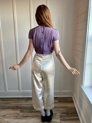 1960s White Cream Rayon Satin Wide Leg Pants Band Gold Adjustable Waist Detail