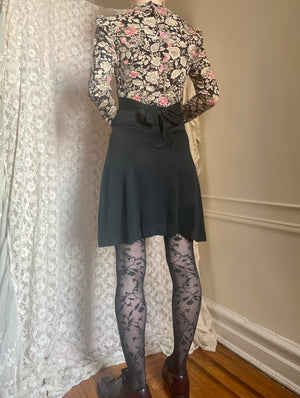 1970s Arpeja Young Innocent Floral Print Black Mini Dress Tie Back Long Sleeve