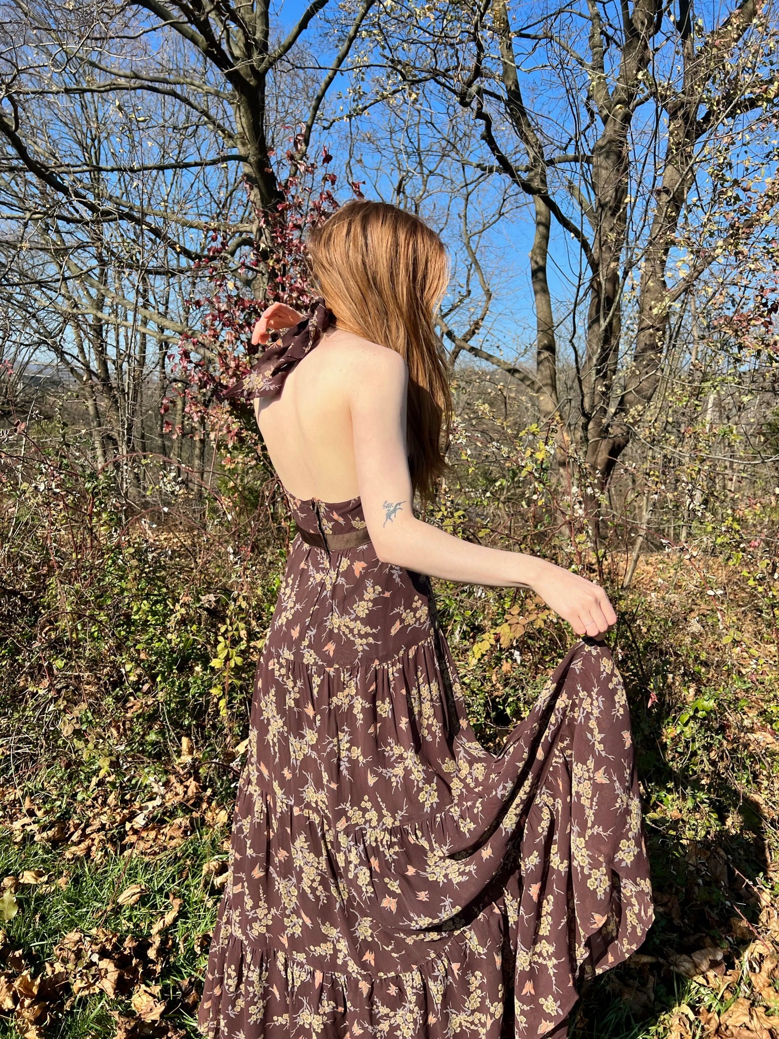 1970s Ossie Clark Brown Rayon Floral Butterfly Halter Dress