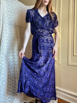 1930s Deep Purple Devore Silk Velvet Gown Bias Cut Sheer Dress