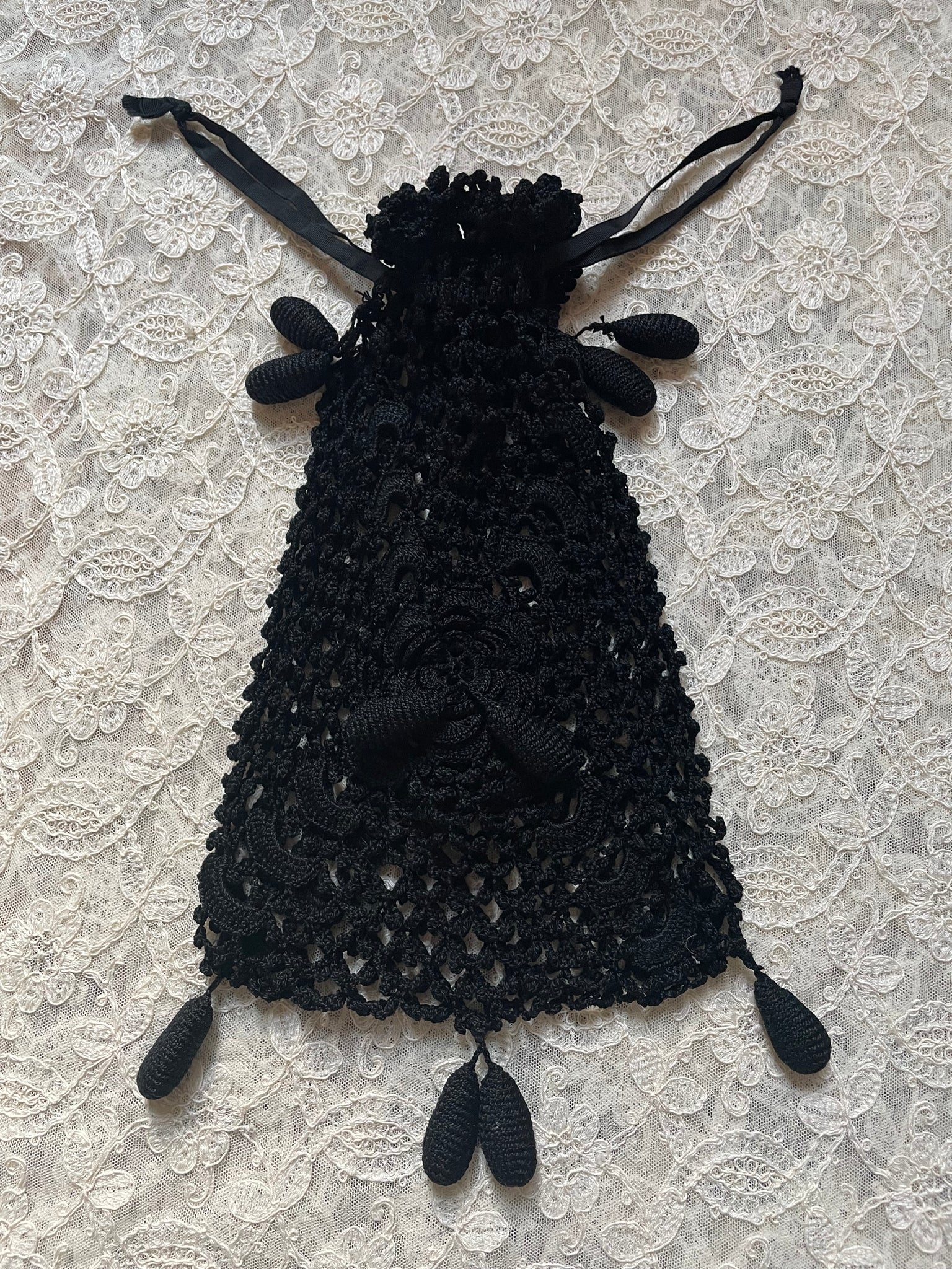Antique Black Floral Crochet Drawstring Purse