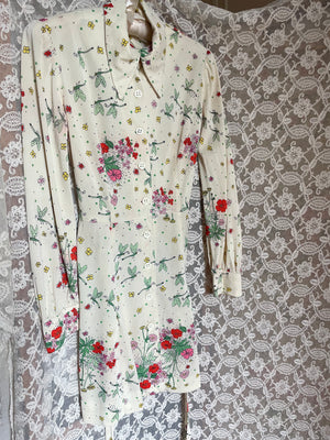 1970s Cream Floral Novelty Bug Dragonfly Print Mini Dress