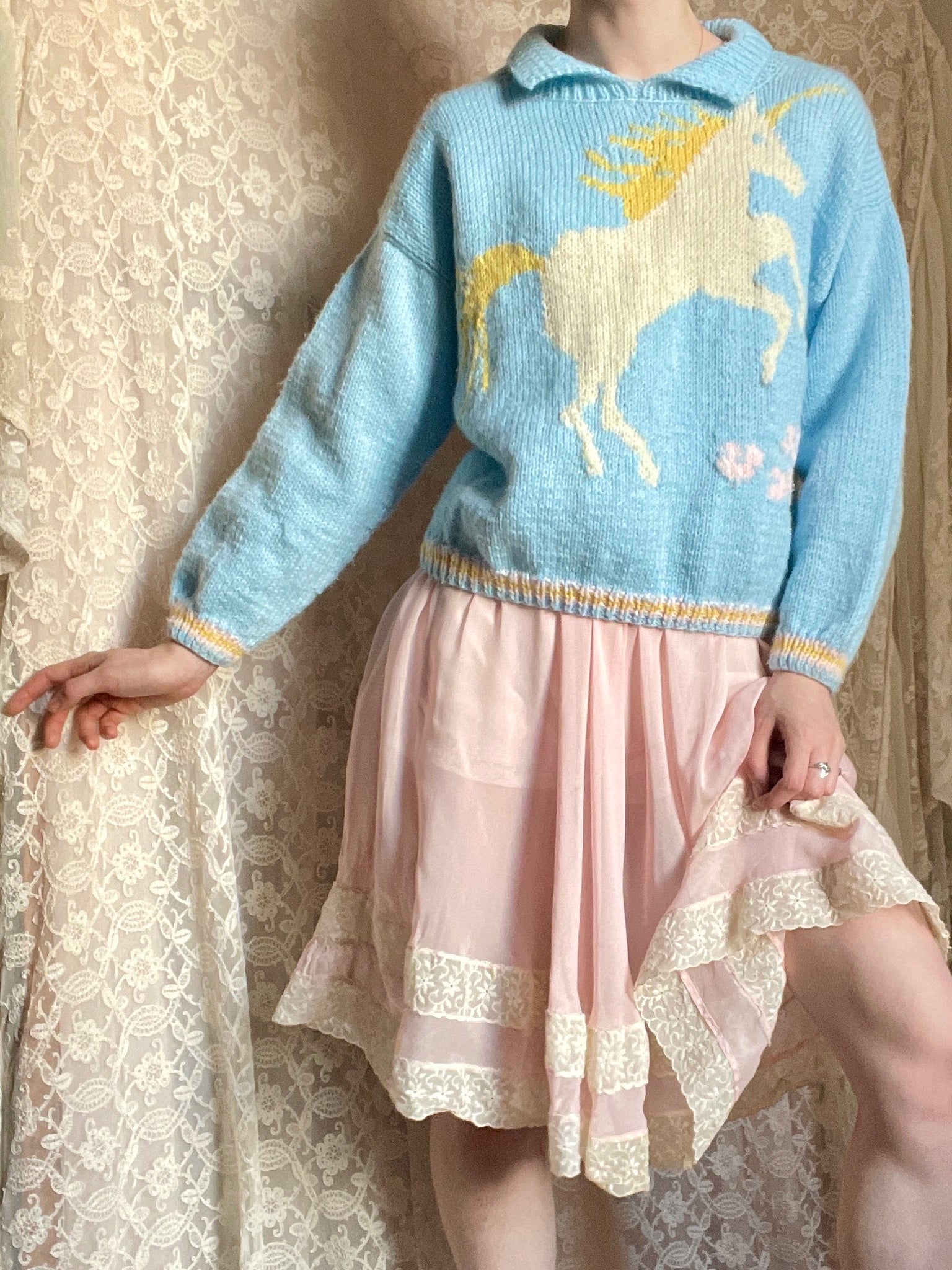 1980s Blue Unicorn Knit Pink Hearts Sweater