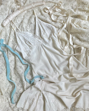 1930s White Cream Silk Bias Cut Floral Applique Slip Dress