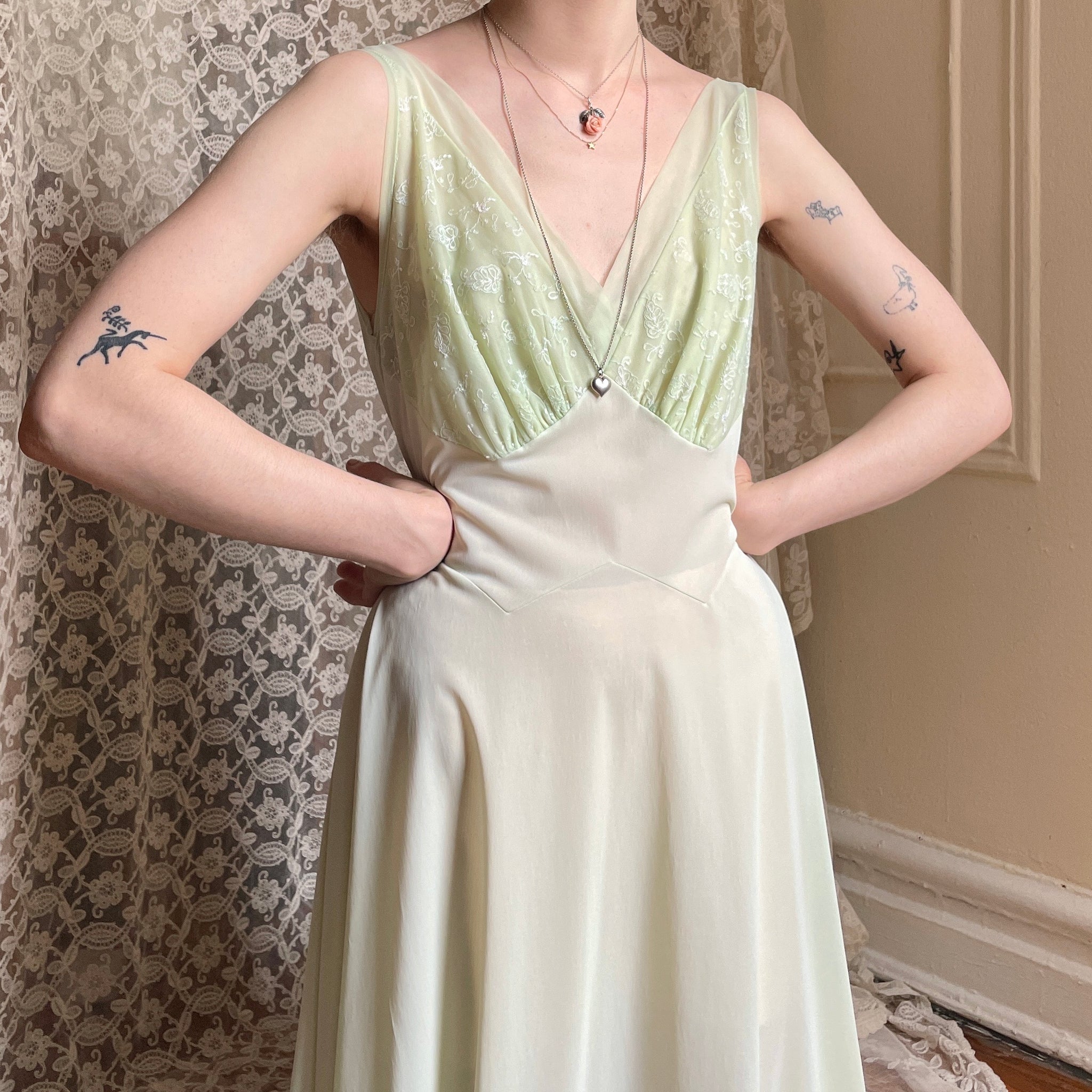 1960s Mint Green Nylon Embroidered Slip Dress