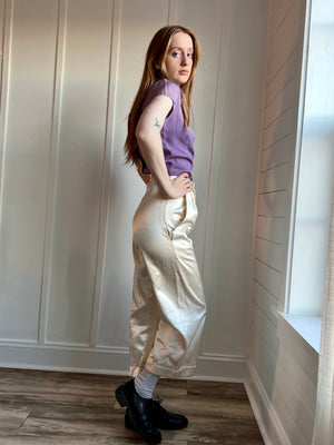 1960s White Cream Rayon Satin Wide Leg Pants Band Gold Adjustable Waist Detail