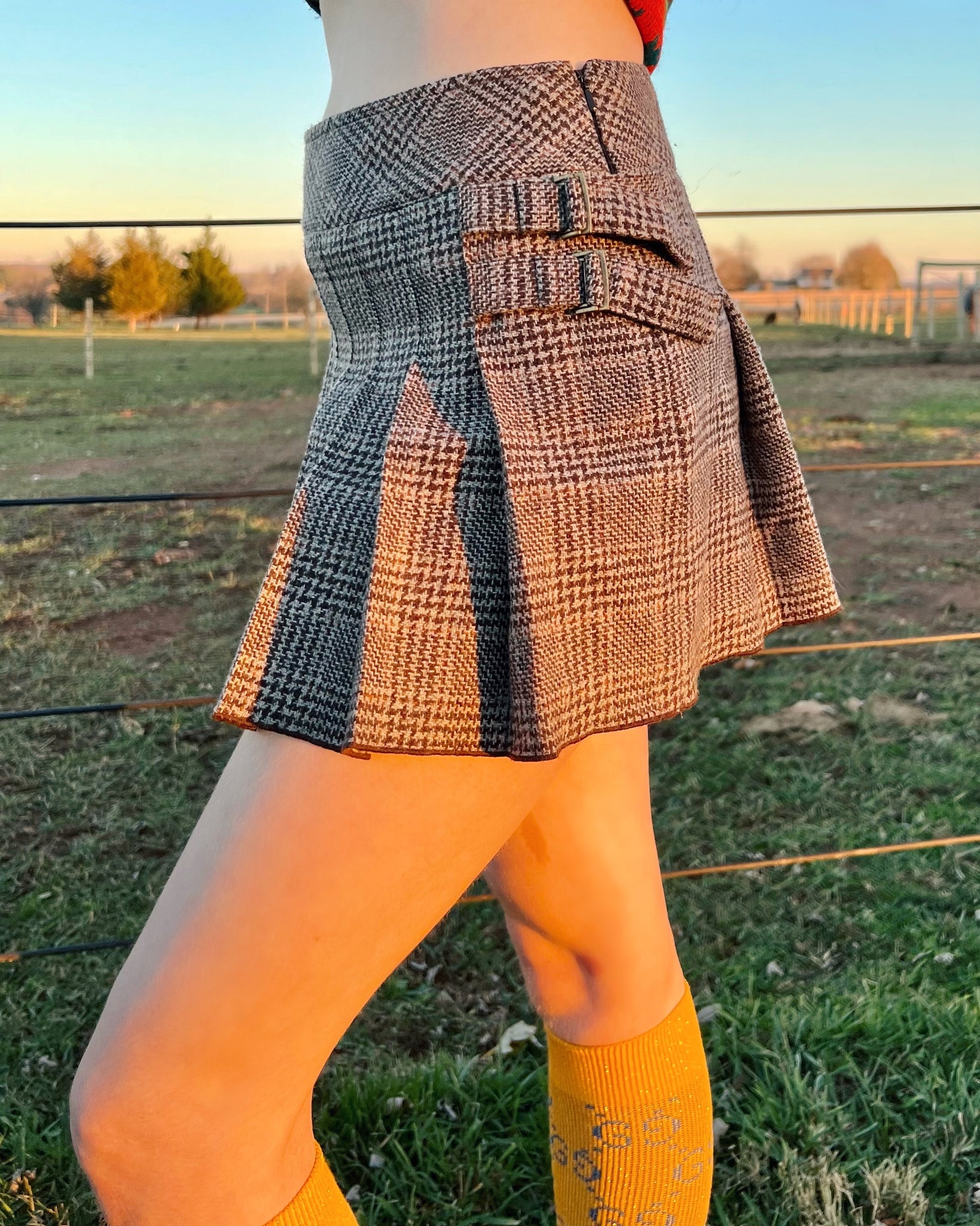 2000s Juicy Couture Brown Plaid Pleated Mini Skirt with Buckle Details