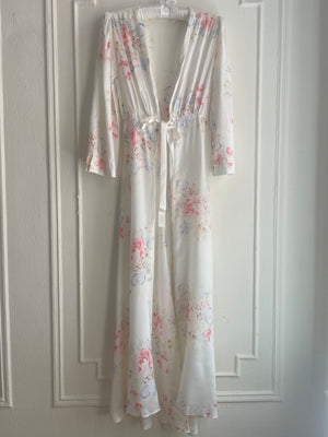 1940s White Floral Rayon Satin Robe Ribbon Tie