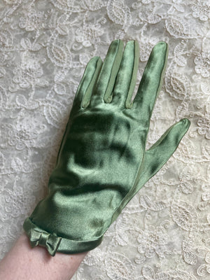1960s Green Satin Gloves