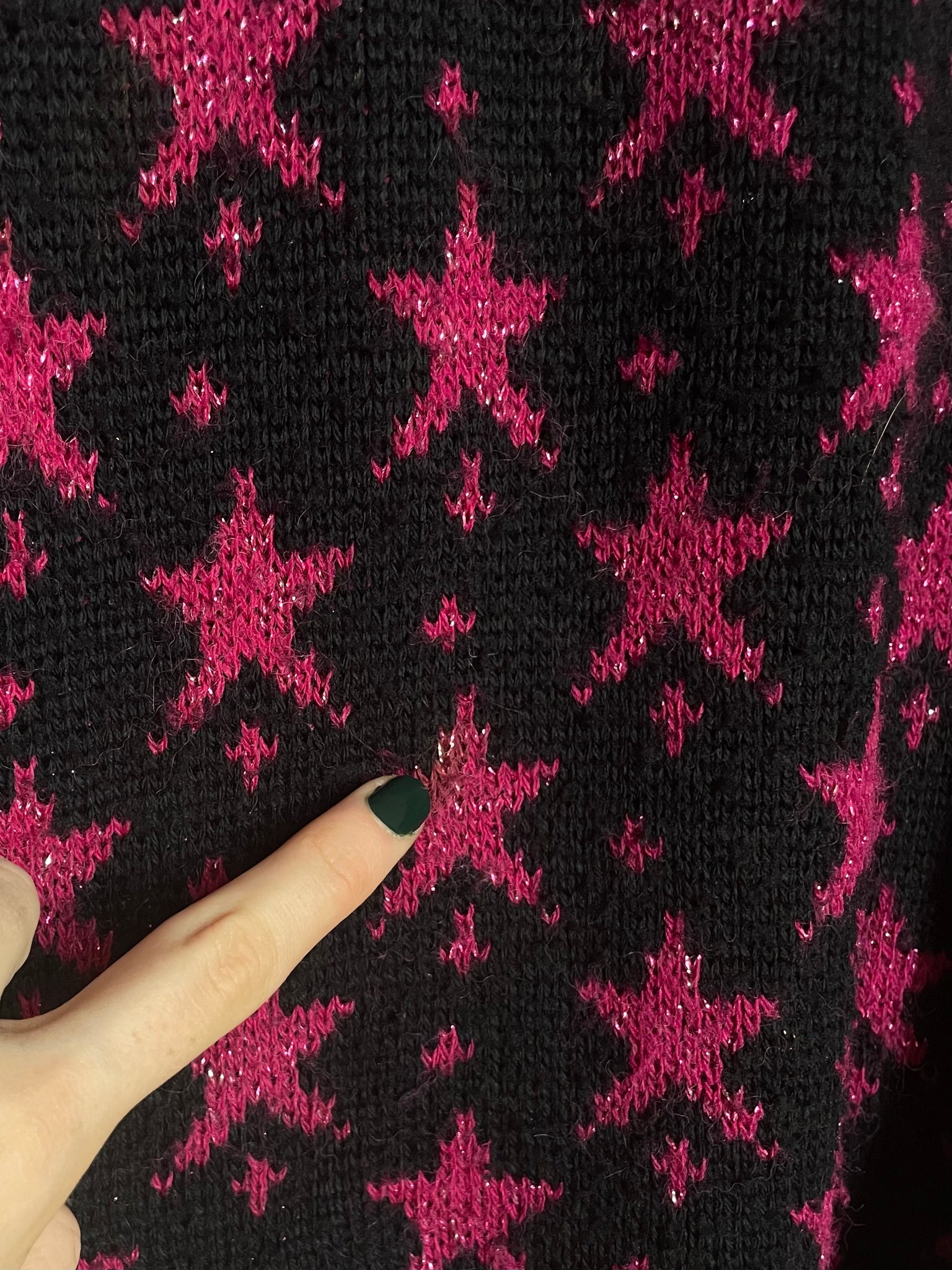 1980s Black Pink Star Sweater Sparkle Knit Pullover