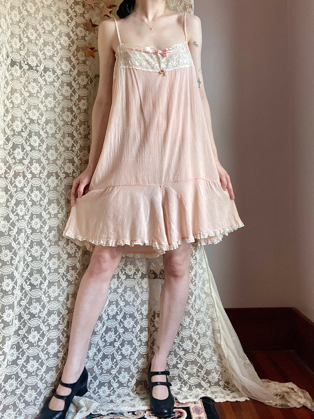1930s Pink Teddy Mini Step In Slip Dress Floral White Lace Original Brocade Ribbon