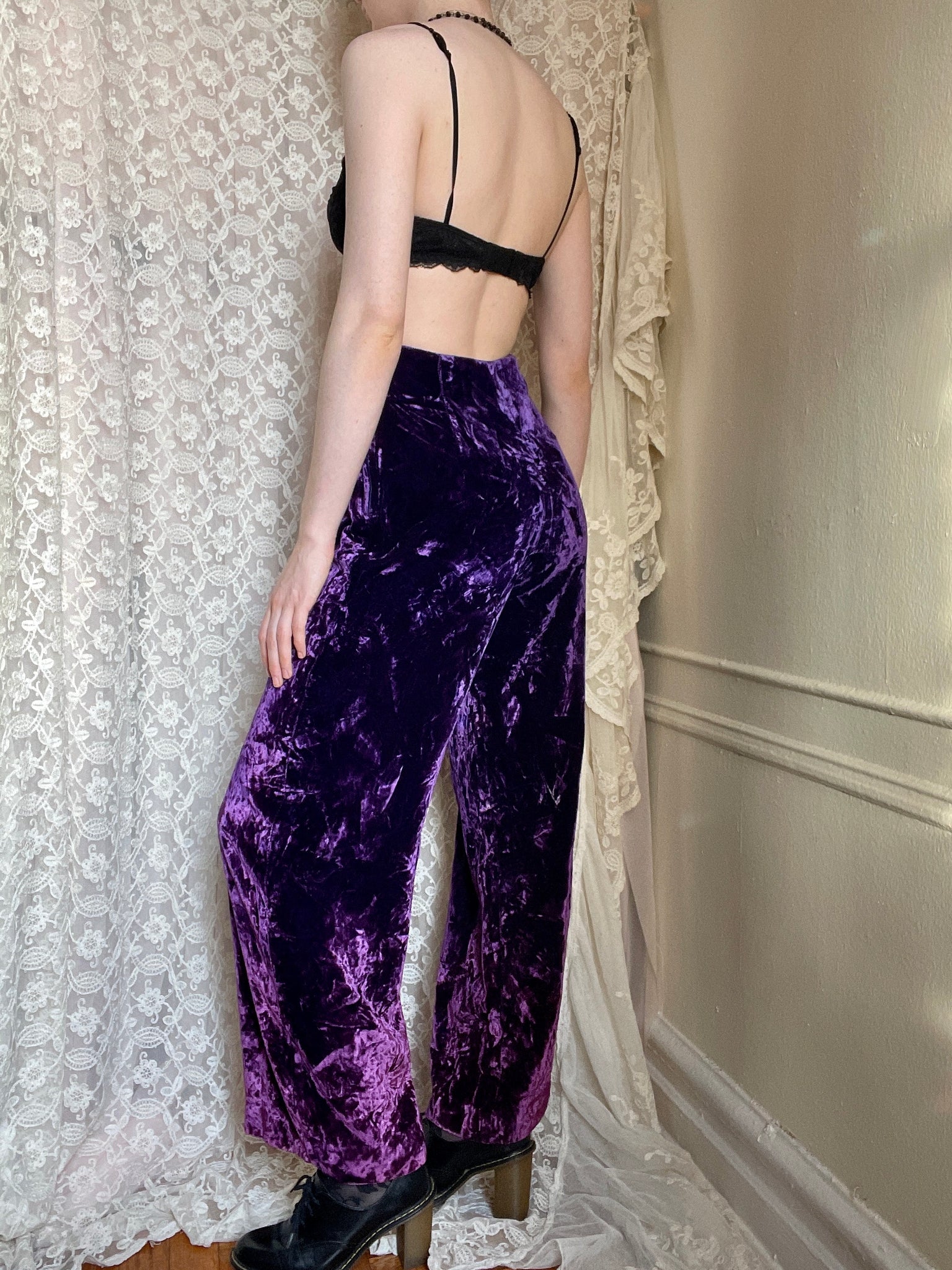 1970s Ombré Purple Pink Crushed Velvet Bell Bottom Wide Leg Pants