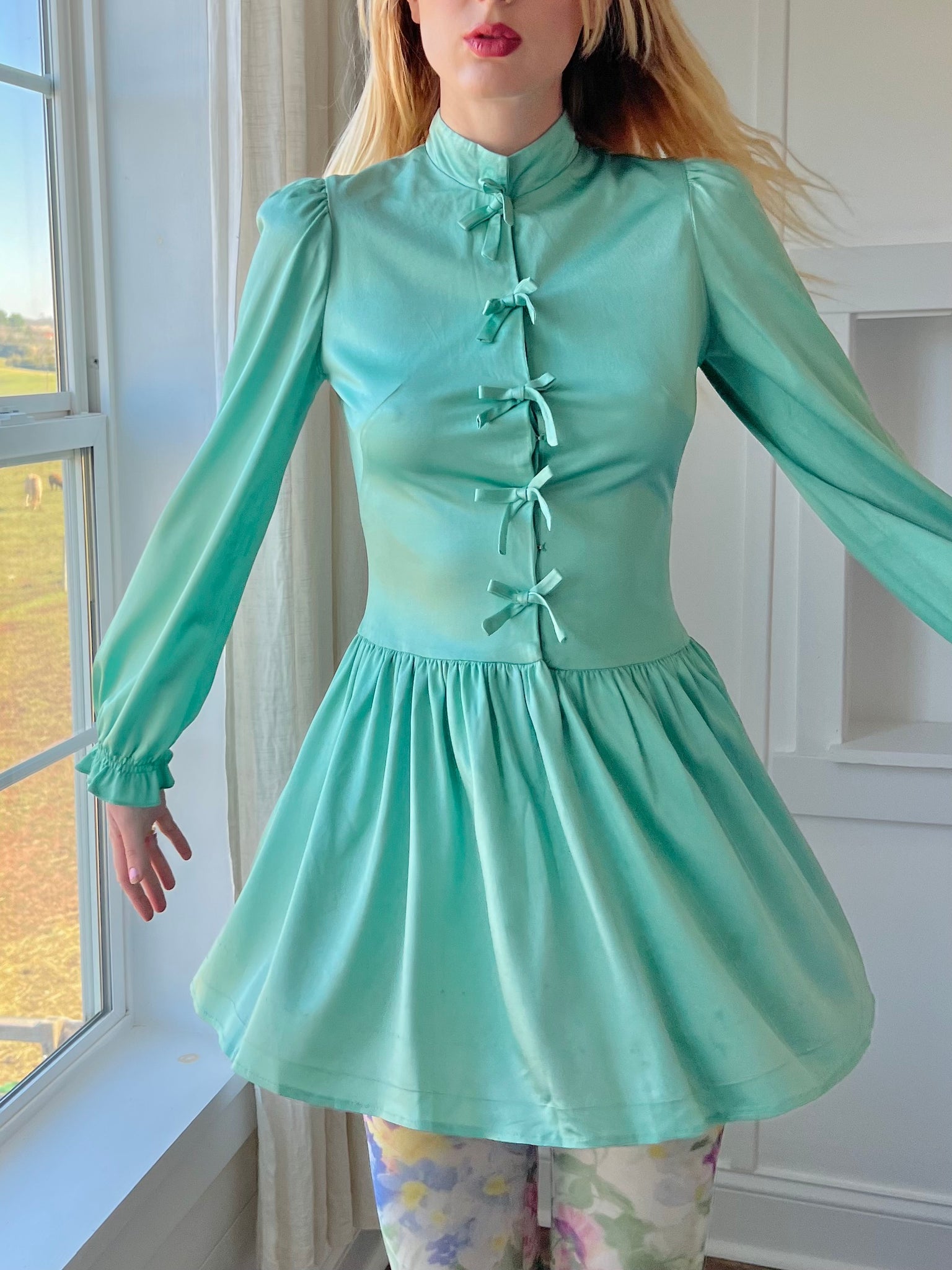 1960s Mint Green Satin-like Micro Mini Dress with Ribbon Bow Closures