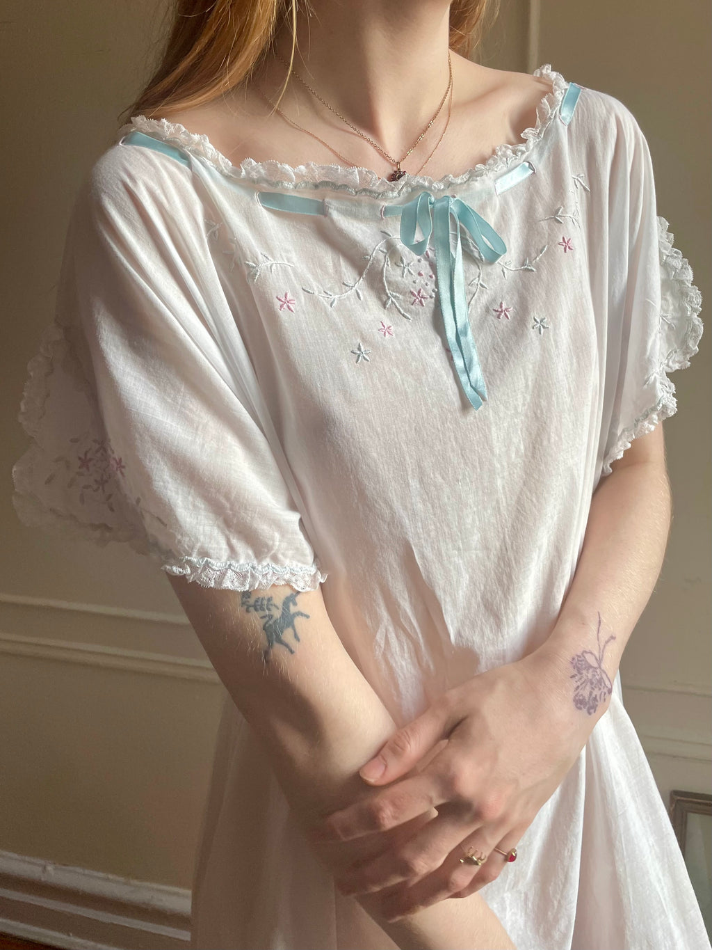 1910s White Cotton Floral Embroidered Dress Pink Blue Ribbon