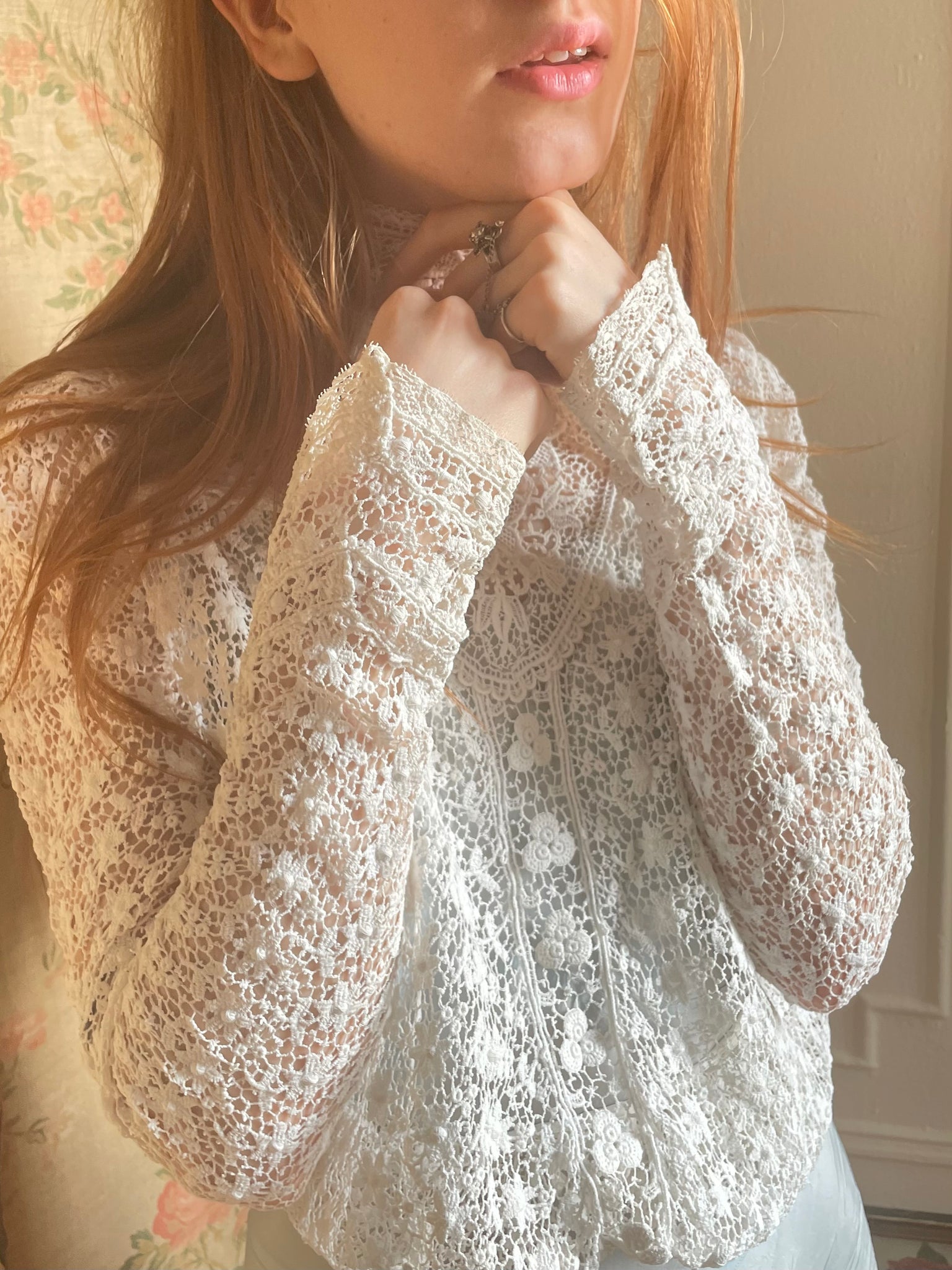 1900s Edwardian Irish Crochet White Cotton Floral Blouse