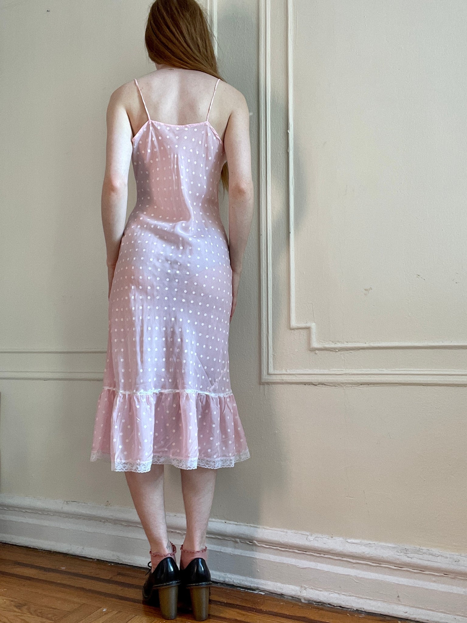 Deadstock 1960s Pink White Dotted Rayon Bias Cut Midi Slip Dress Sheer Print Ribbon Ruffle Hem